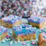 Mermaid Birthday Sugar Cookie Bars. Birthday cake flavored sugar cookie bars, topped with colorful swirls of frosting and festive sprinkles.