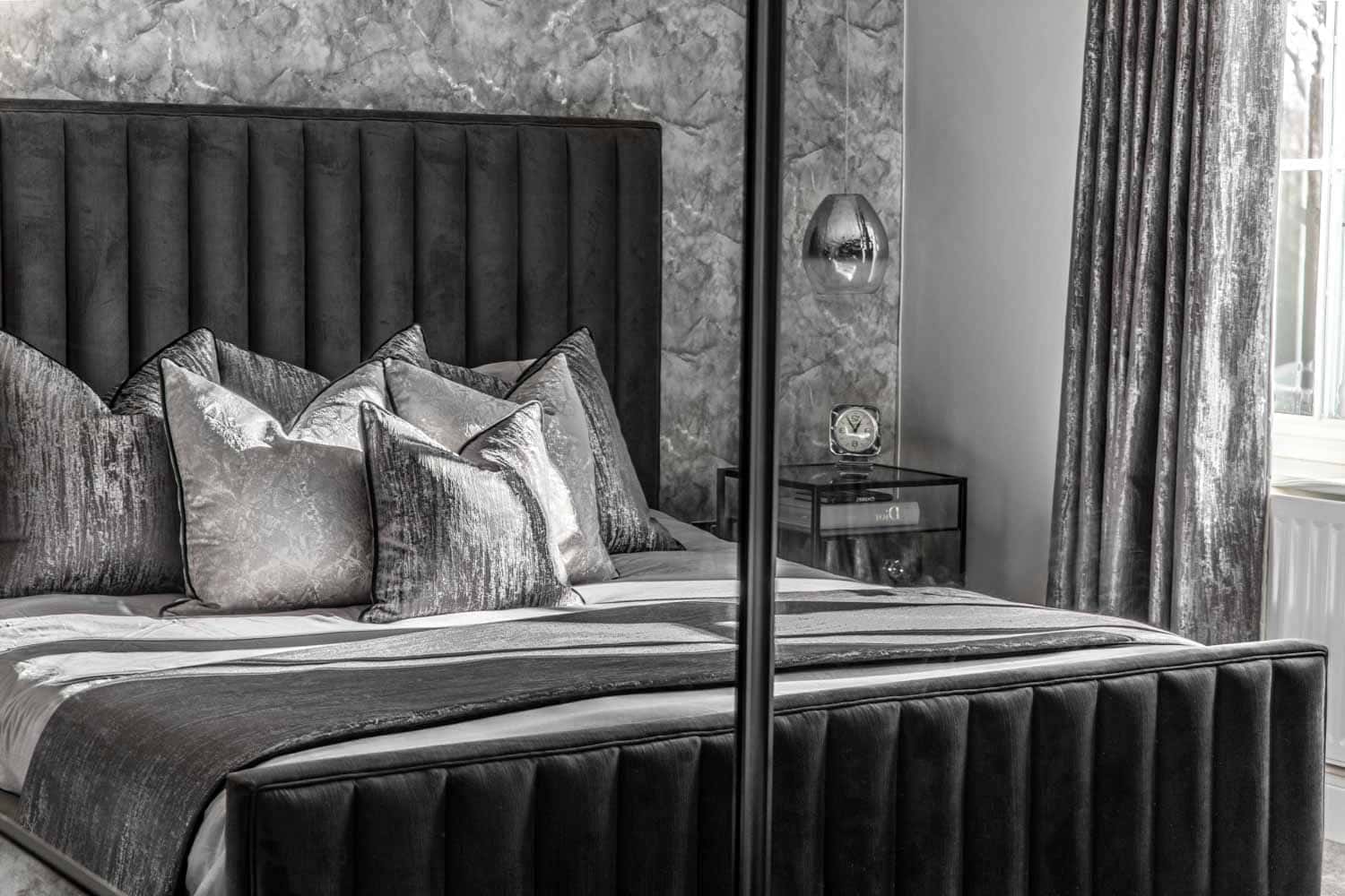 bedroom interior photography of a classic grey bedroom