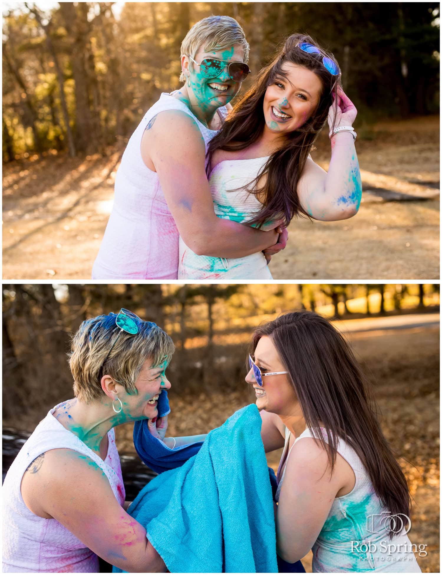 Lesbian couple throws powdered paint on white dresses during engagement session