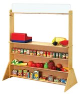 Photo of a puppet theater being used to organize the dramatic play center kitchen. The pretend food is stored on the shelves.