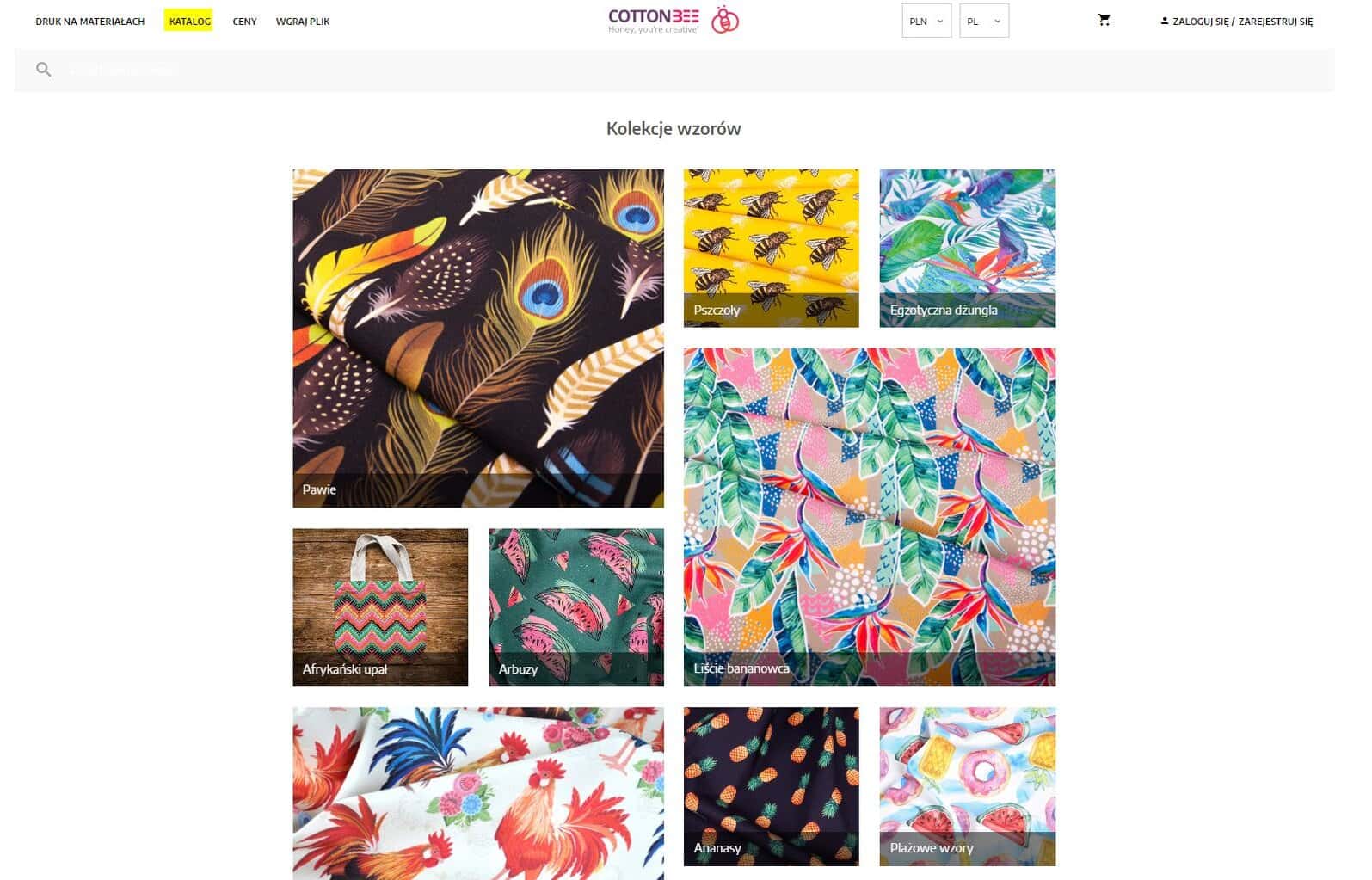 Sprawdź kolekcje wzorów w CottonBee, klikając w KATALOG w lewym górnym rogu kolekcje wzorow do drukowania