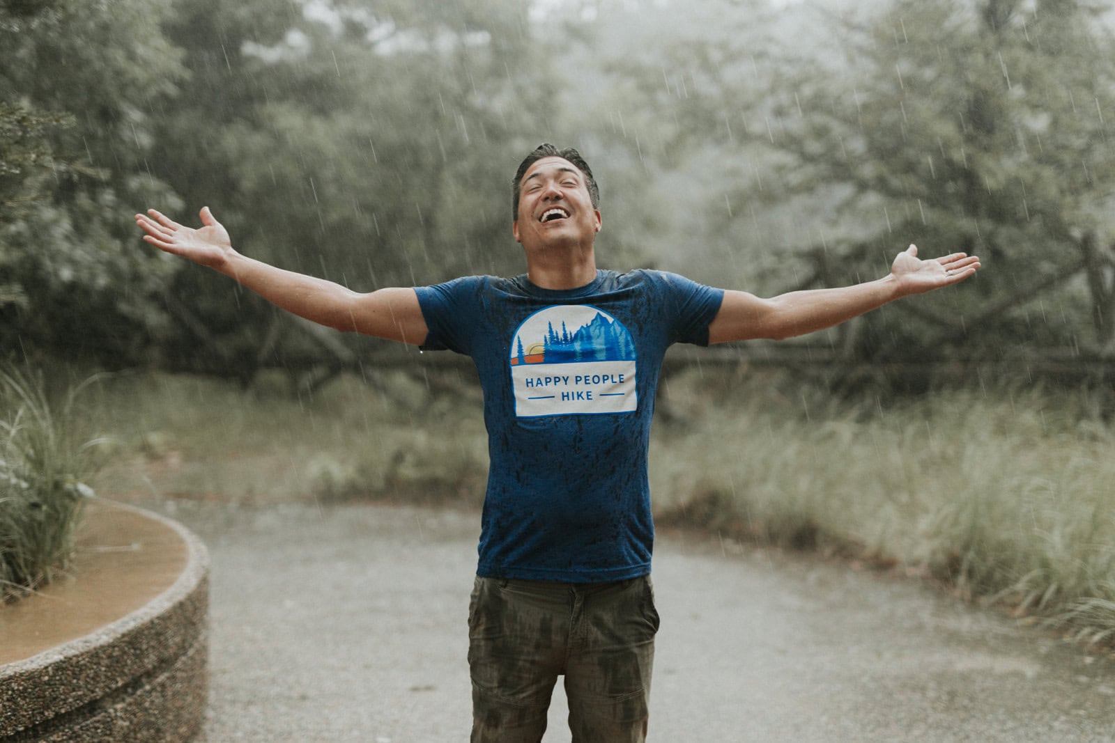 t-shirt model caught in the rain