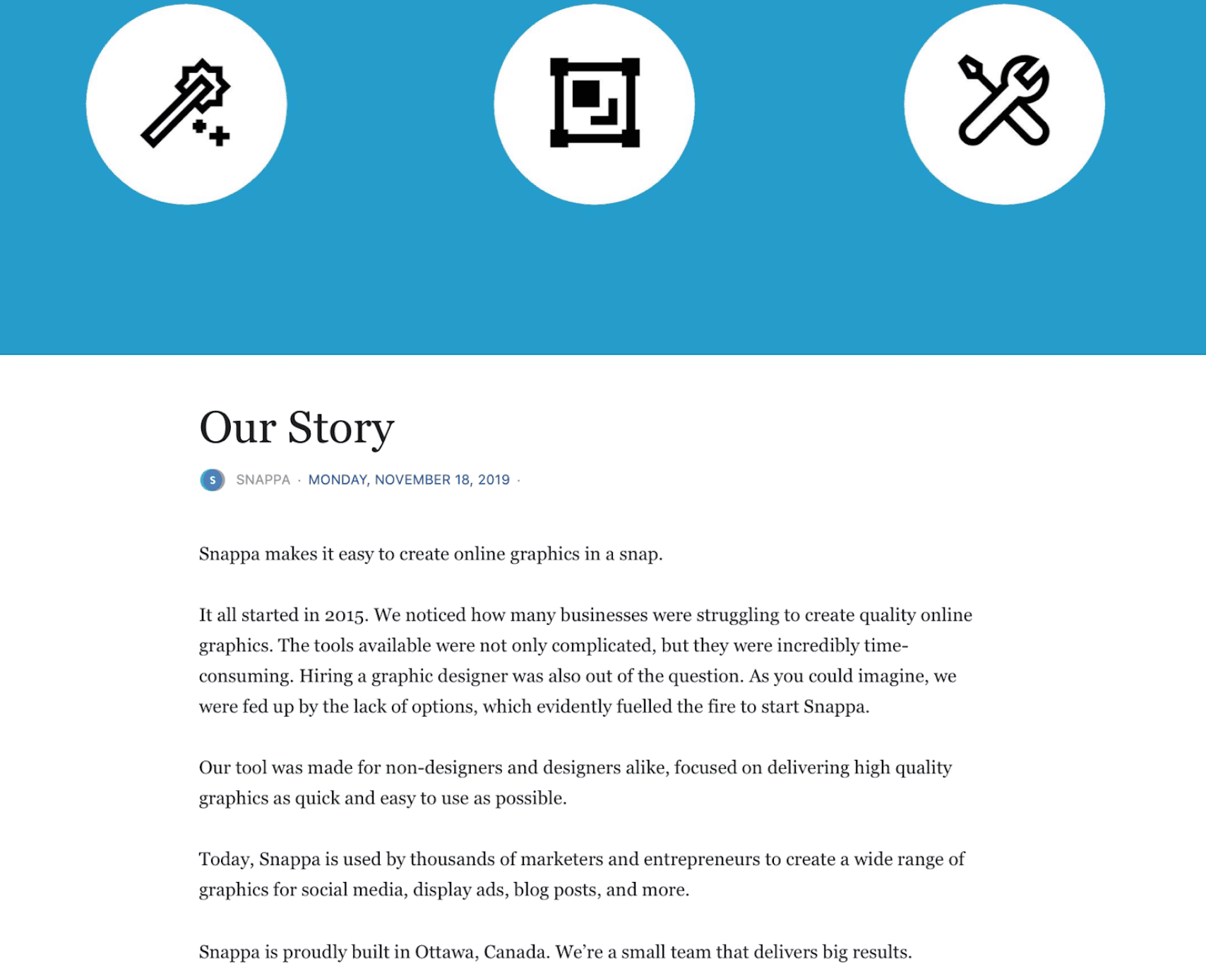 Facebook Our Story section for Pages