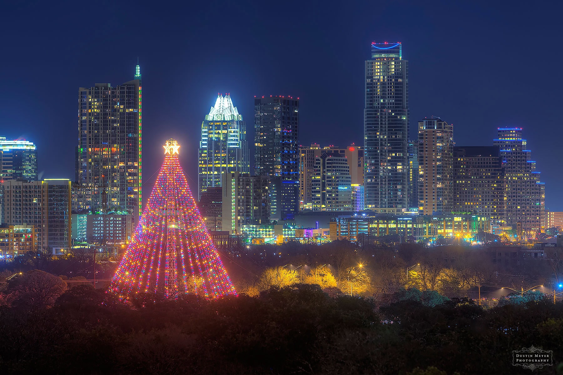 Zilker Christmas Tree Zilker christmas tree downtown Austin skyline