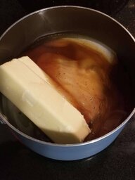 Buuter, sugar, light corn syrup and maple syrup in a small pan