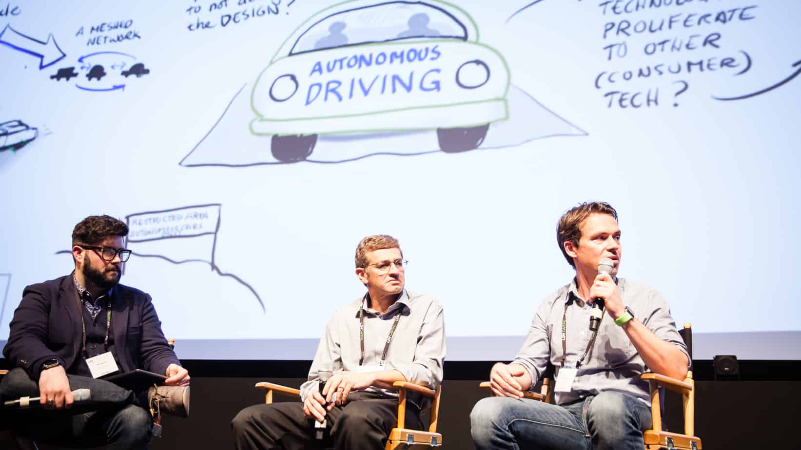 (Left) Moderator Mike Murphy, Reporter at Quartz , (center) Sanjiv Nanda, VP of Engineering Qualcomm Research and (right) Laszlo Kishonti, CEO of AdasWorks. ©Robert Wright/LDV Vision Summit