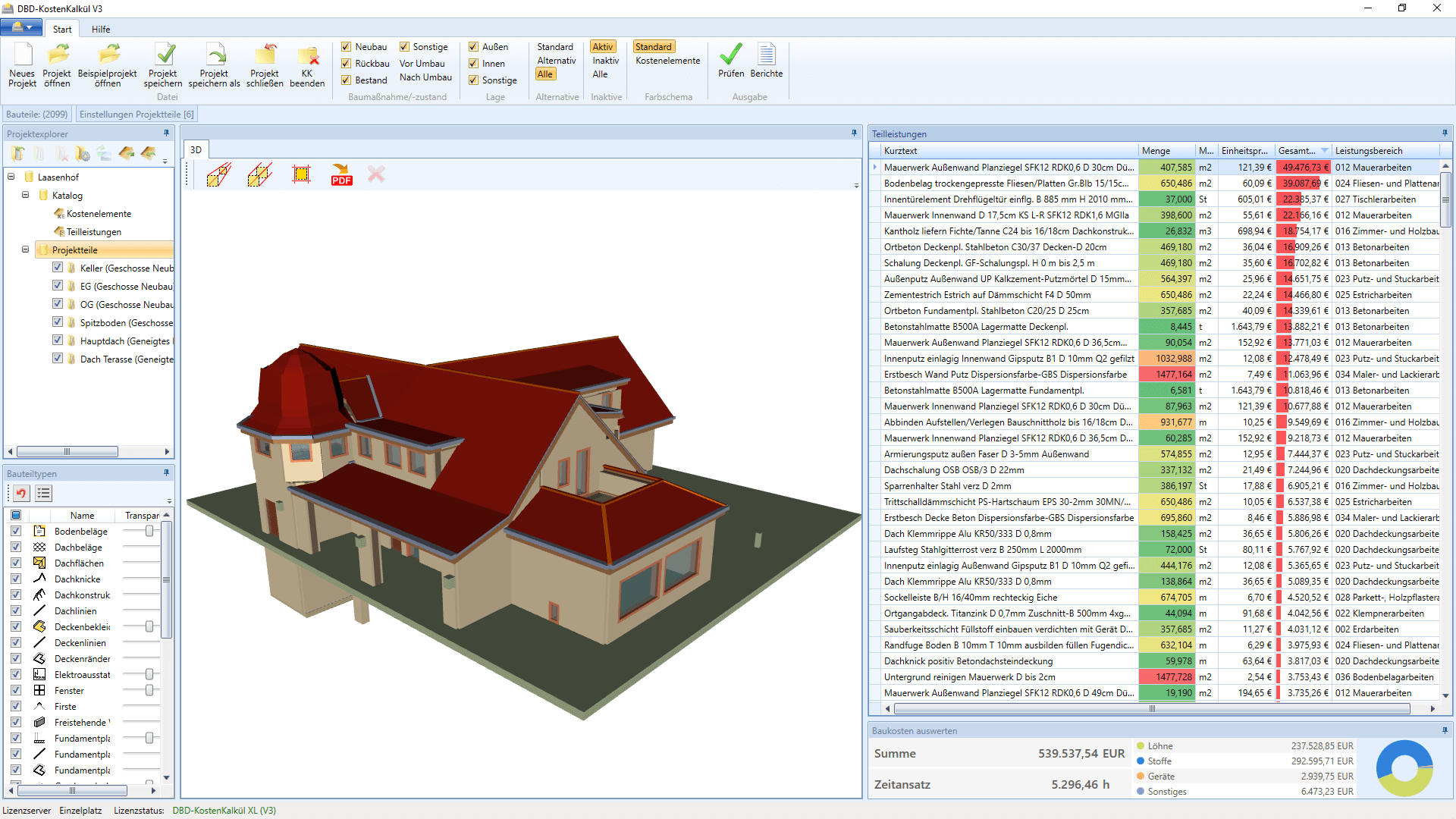 Screenshot DBD-KostenKalkül mit 3D-Model des Projektes sowie die Zusammenstellung der Teilleistungen rechts