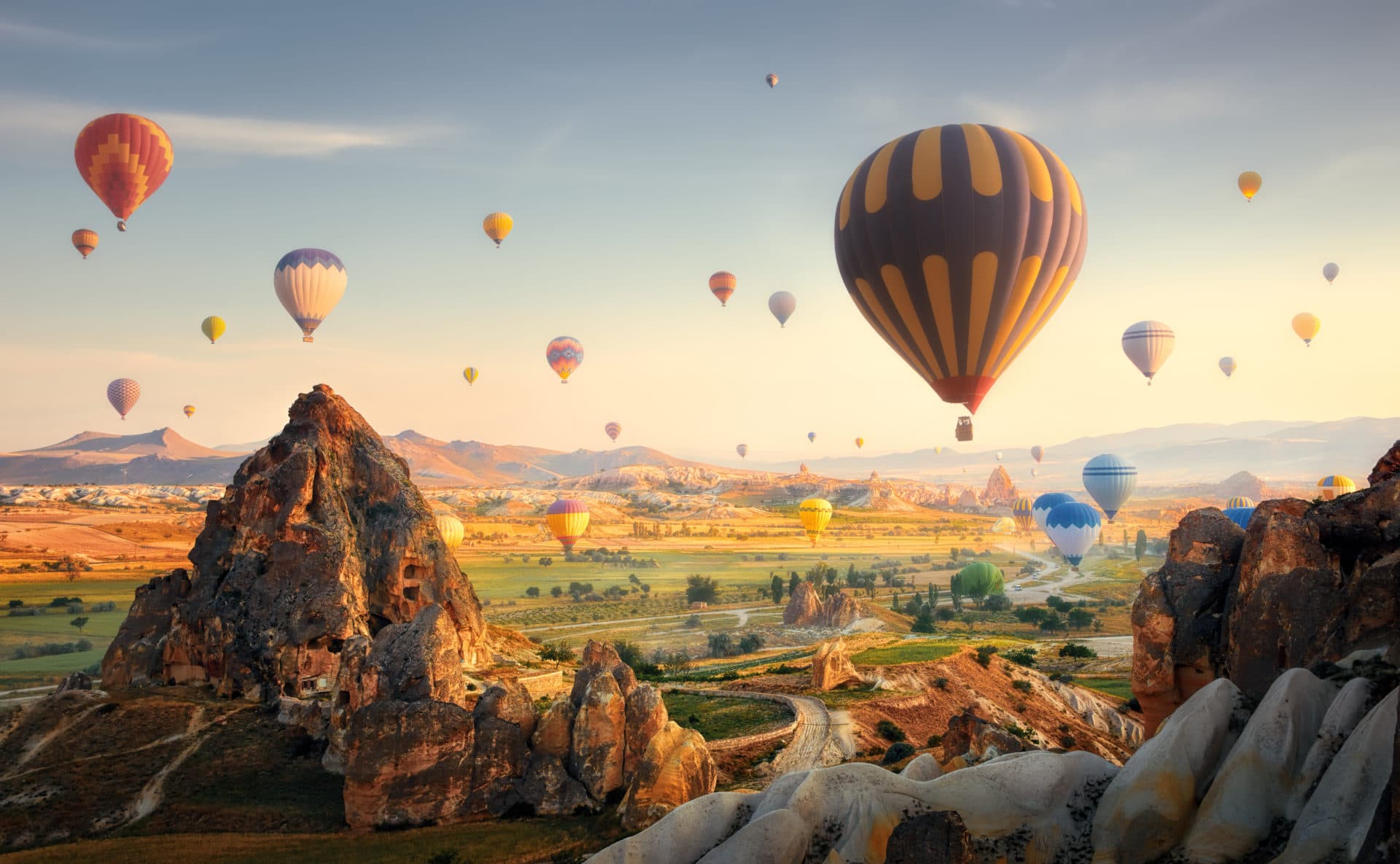 Hot air balloons flying over spectacular Cappadocia.Turkey