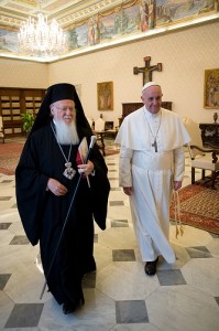 Pope Francis walks with Ecumenical Patriarch Bartholomew of Constantinople at the Vatican March 20. The pope met with Patriarch Bartholomew before a meeting with the Christian, Jewish, Muslim, Buddhist, Hindu, Sikh and Jain delegations that had come to the Vatican for his inauguration. (CNS photo/L'Osservatore Romano) (March 20, 2013) See FRANCIS-DIALOGUE March 20, 2013.