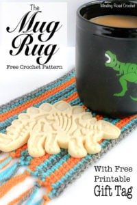 The mug rug is a perfect stocking stuffer next to the cup cozy! But what is a mug rug? It is an oversized coaster big enough for a Mug and a snack! Cookie anyone? This free crochet pattern is quick, easy and great for beginners. Plus if you sign up for my newsletter you get a free printable gift tag to make gifting it that much easier! #mugrug #crochet #free pattern.