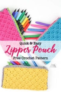 Corner to Corner crochet zipper pouch is a perfect first crochet pattern for beginners that just learned the corner to corner crochet stitch. Check out the accompanying post that has video and photo tutorials for how to corner to corner crochet. This crochet bag can hold pens, hooks, and other supplies. There is a photo tutorial for how to add a no sew liner. #c2ccrochet #crochetbag c2c zipper pouch