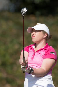 Sara Jane Bowers, a junior from Statesboro, Ga., hits from the tee during the Brenau University Golden Tigers Spring Invitational golf tournament at Chattahoochee Golf Club. (AJ Reynolds/Brenau University)