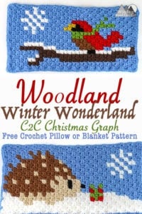 Song Bird and Hedgehog Crochet C2C Square | Crochet a beautiful blanket for the holidays, using the corner to corner crochet method. Free Crochet charts and written pattern available. Woodland Winter Wonderland C2C Corner to Corner Crochet Blanket. Use the charts for any tapestry crochet, make a wallhanging, or just make one square into a holiday tote. #crochet #crochetpattern #crochetgraph