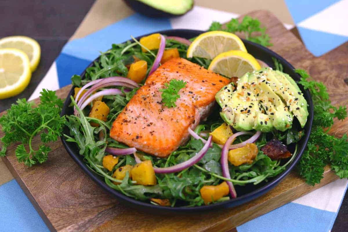 Crispy Pan Seared Salmon Salad