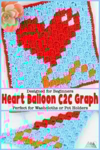 Crochet a quick Corner to corner crochet wash cloth or pot holder using this small Heart Balloon C2C graph. This graph works up quickly and is designed to c2c beginners. Get the graph, written chart and suggestions for using yarn bobbins. #c2ccrochet #crochetwashcloth #crochetpotholder