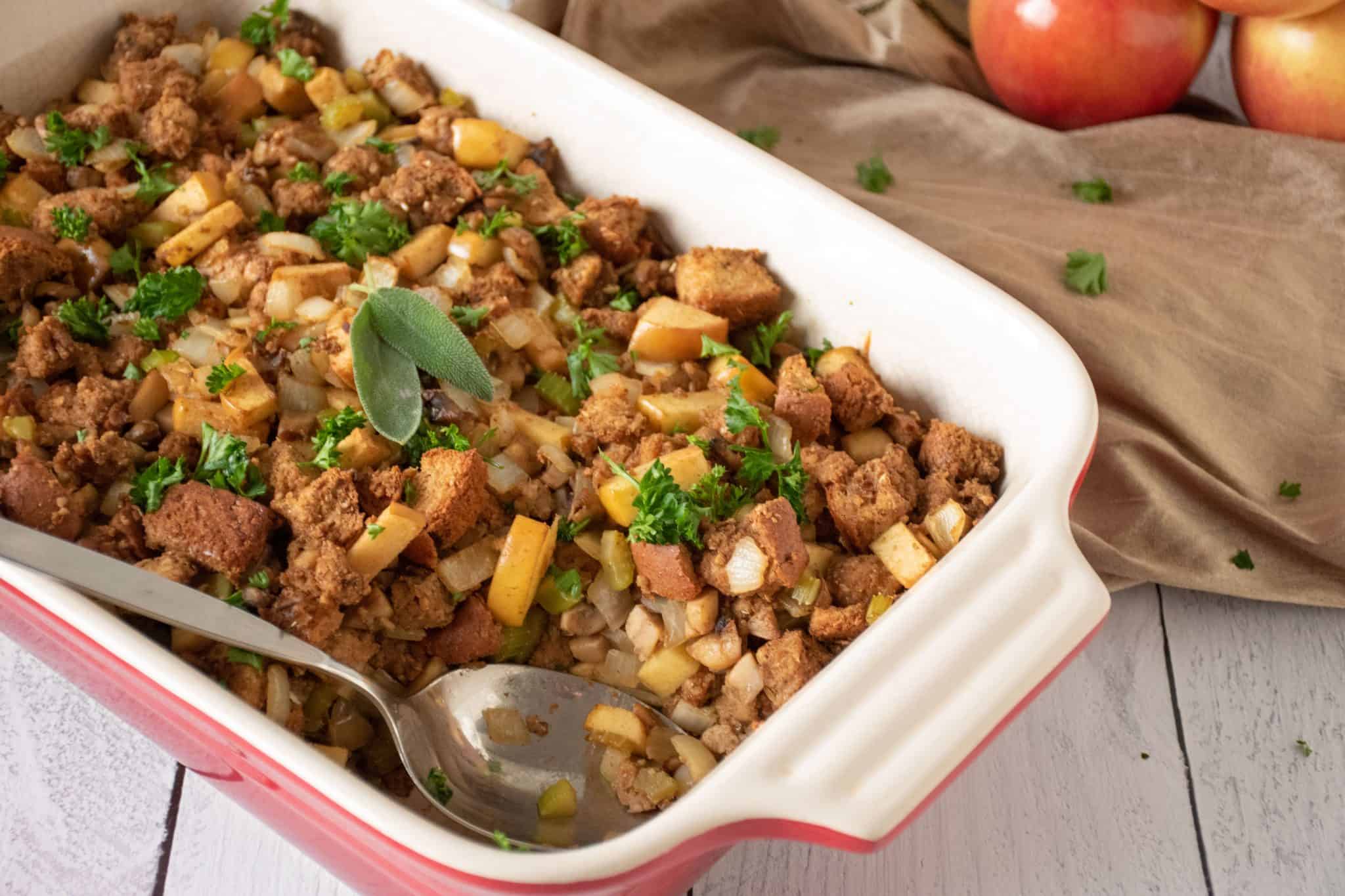 Apple Sage Stuffing in Casserole dish