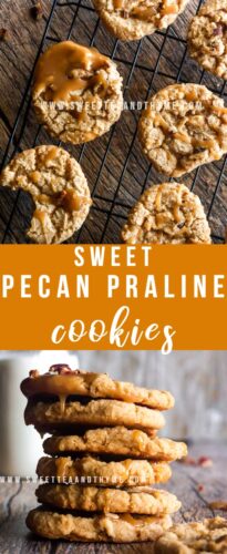 These easy and sweet cookies bring me back to my mama's holiday baking! Chewy Brown Sugar Pecan cookies topped with a praline icing drizzle (or dunk!) for a delicious cookie spin on the classic Southern candy. Make sure to hide some for yourself, they're irresistible!