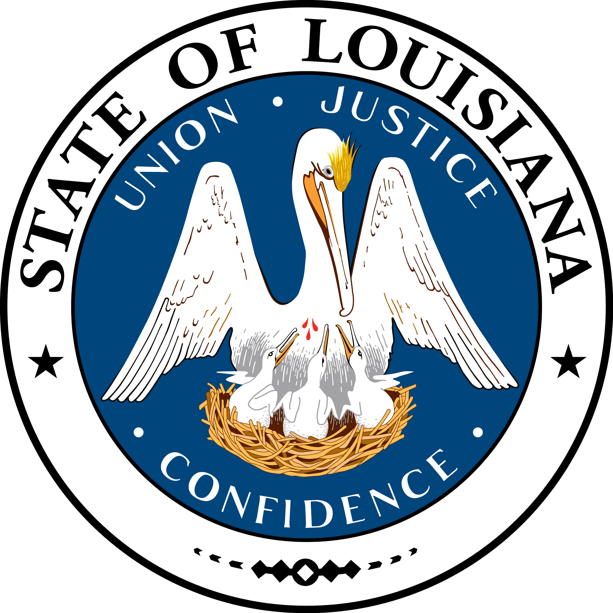The state seal of Louisiana, depicting a pelican feeding her chicks