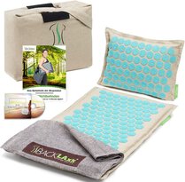 Türkis_1b Mit dem Set von BACKLAxx erhältst Du neben der Akupressurmatte, ein Kissen, eine Tasche, ein Tuch, ein E-Book und ein Hörbuch.