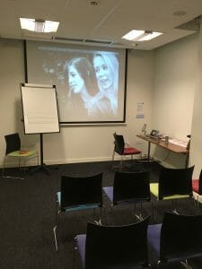 The almost finished set-up for the presentation, withe desk moved to the side