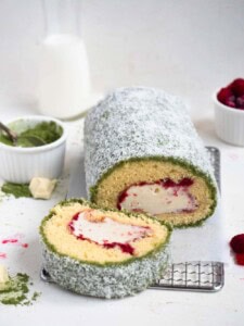 Matcha Raspberry Lamington Roll Cake