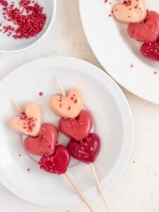 Heart shaped raspberry and strawberry Hanami dango mochi