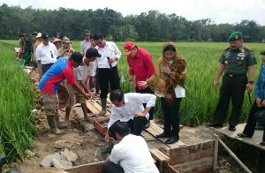 Presiden Jokowi didampingi Ibu Negara Iriana meletakkan batu pertama pembangunan irigasi tersier, di Kabupaten Landak, Kalbar, Selasa (20/1)