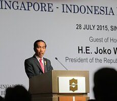 Presiden Jokowi saat tampil dalam dialog bisnis Indonesia - Singapura, di Hotel Shangrilla, Singapura, Selasa (28/7)