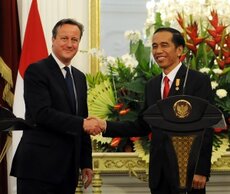 Presiden Jokowi dan PM Inggris David Cameron dalam pernyataan pers bersama, di Istana Merdeka, Jakarta, Senin (27/7)