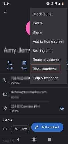Setting panel to block contact in Android.