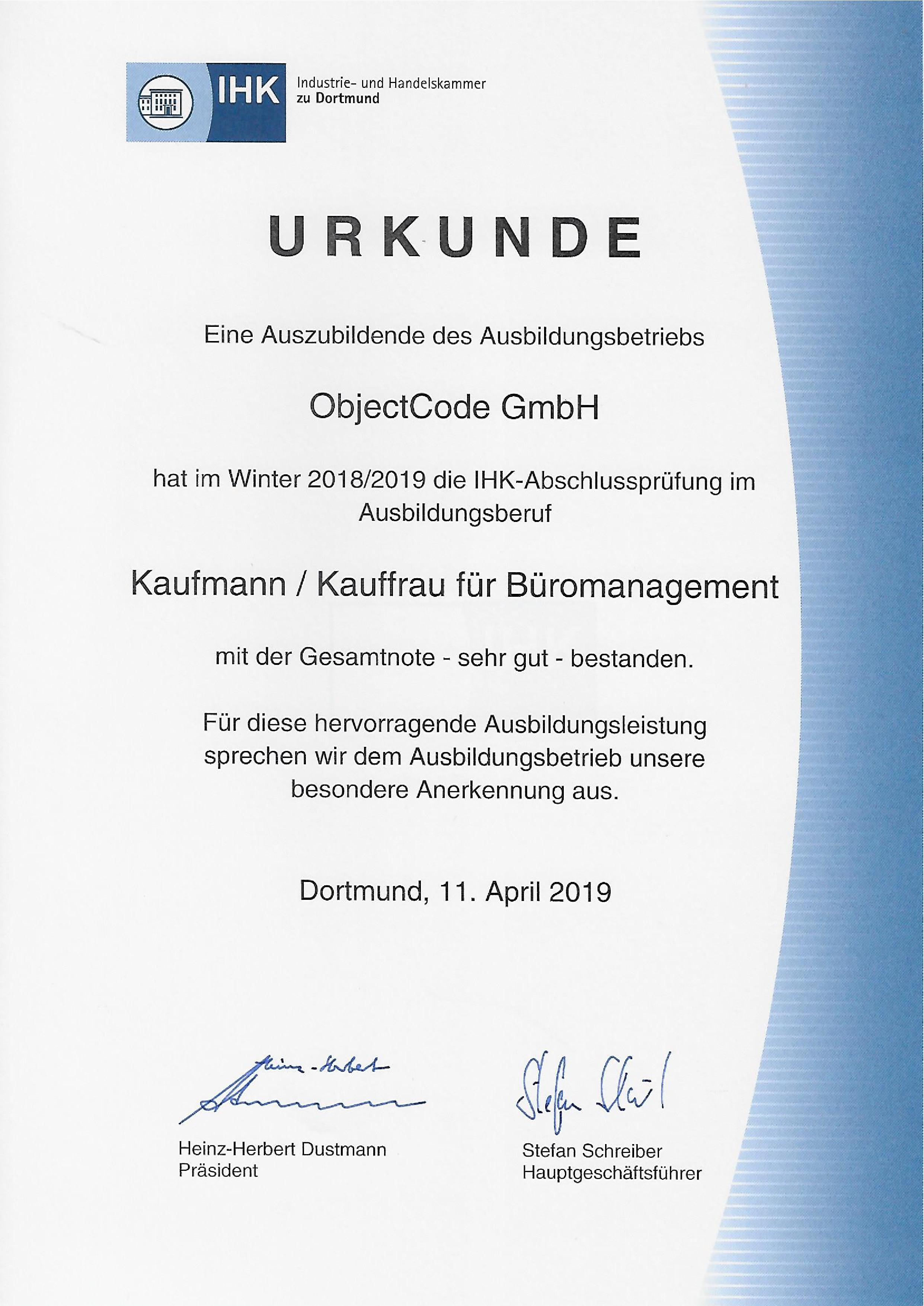 Urkunde der IHK für die ObjectCode GmbH