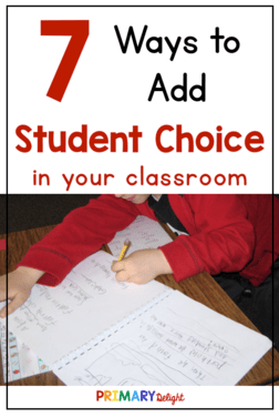 Text: 7 Ways to Add Student Choice in your classroom. Photo of a student who created his own style of writing paper.