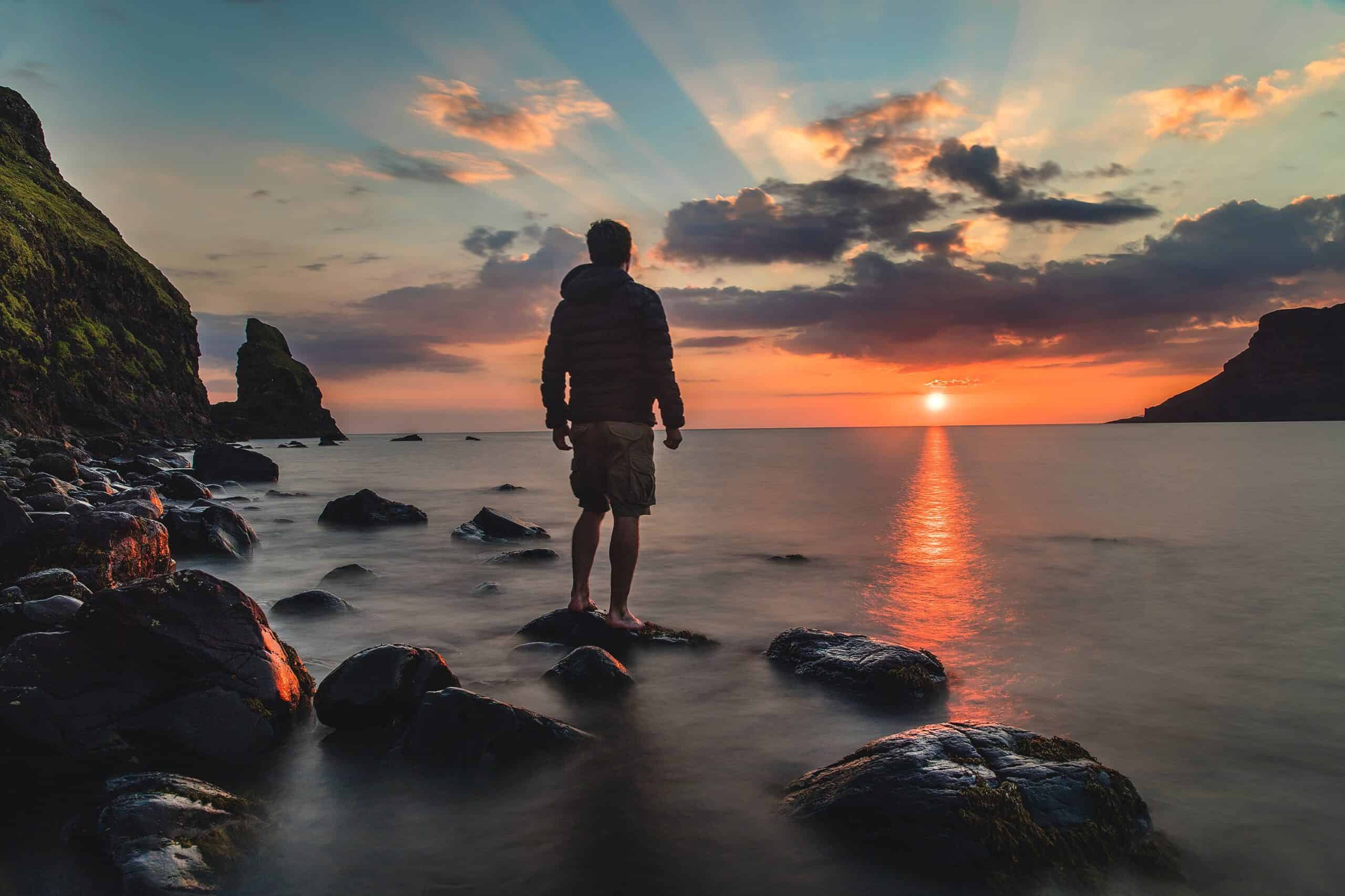 Web Marketing Benefits Website Design Crucial Stages man on rocks looking at sun Blue Dolphin Website Design