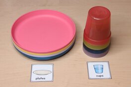 Photo of a stack of plastic plates and cups, each with a labeled on the shelf to help students clean up neatly.