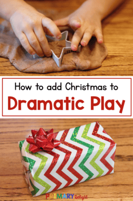 Photos of a child cutting a star out of gingerbread play dough and of a wrapped Christmas gift. Text says: How to add Christmas to Dramatic Play.