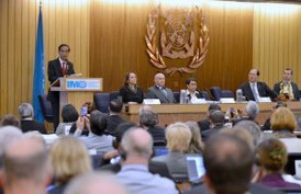 President Joko Jokowi Widodo delivers his remarks at the building of the International Maritime Organization (IMO) in London, the United Kingdom (19/4). (Photo bv: Bureau of Press and Media/Laily)