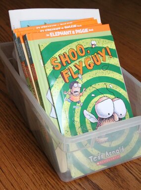 Photo of picture books in a clear plastic storage box.