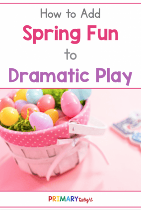 Text says: How to Add Spring Fun to Dramatic Play; photo shows and Easter basket filled with plastic eggs.