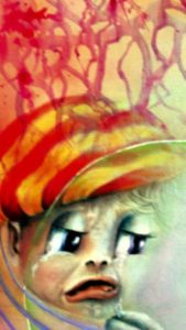 Escape from fear. 1 "Consolation": acrylic on canvas; detail showing a kid trying to escape from fear. Aurora Mazzoldi