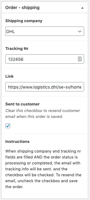 Delivery tracking from WooCommerce. Shipping details shown in the order edit screen in WooCommerce