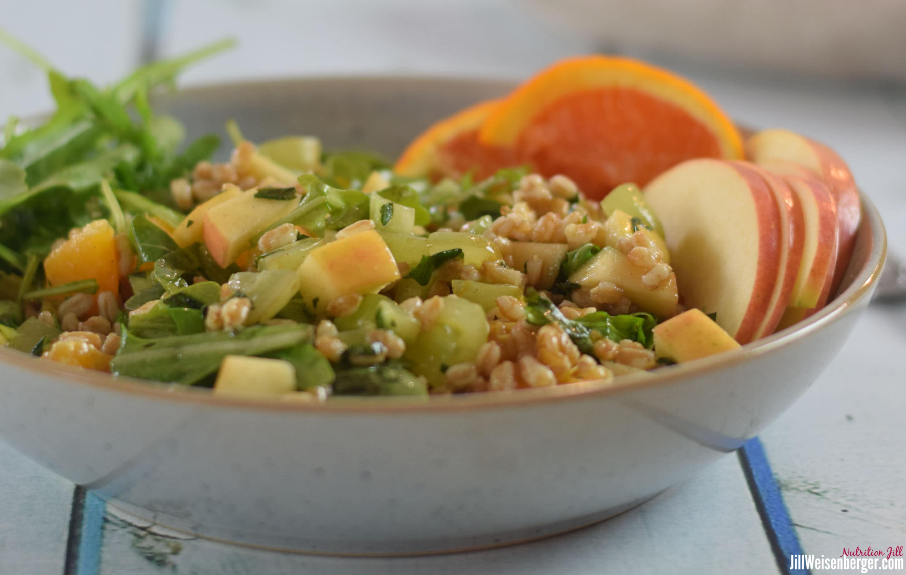 farro waldorf salad in a bowl