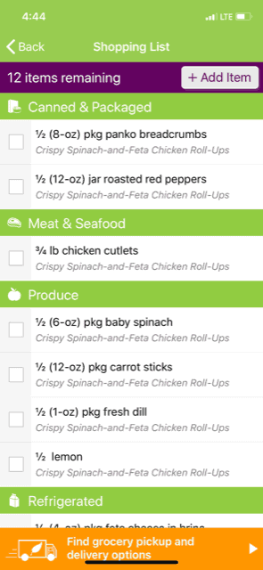 emeals review shopping list screenshot from app