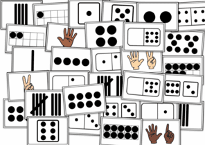 Photo of cards that represent numbers in different ways, including dice, dot patterns, ten frames and fingers.