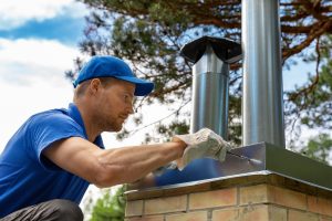 Arbeiter montiert Kamin