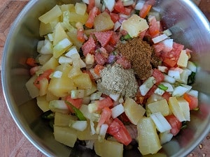 Mixing the ingredients for salad