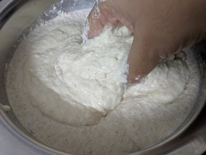 Mix the batter with hands to aid fermentation