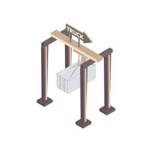 A rendering of a gantry lifting a shipping container