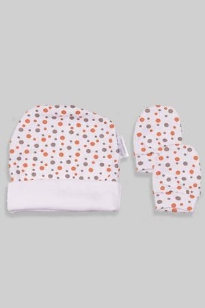 כפפות וכובע לתינוק - בסיס לבן נקודות