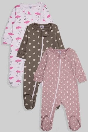 שלישיית אוברולים פלנל עם רוכסן דו כיווני - משולשים כוכבים עננים (0-3 חודשים)