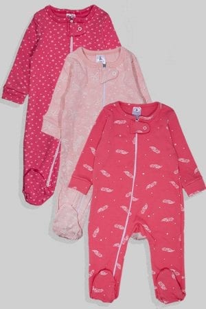 שלישיית אוברולים פלנל עם רוכסן דו כיווני - נוצות פרחים כוכבים - ורוד (0-3 חודשים)